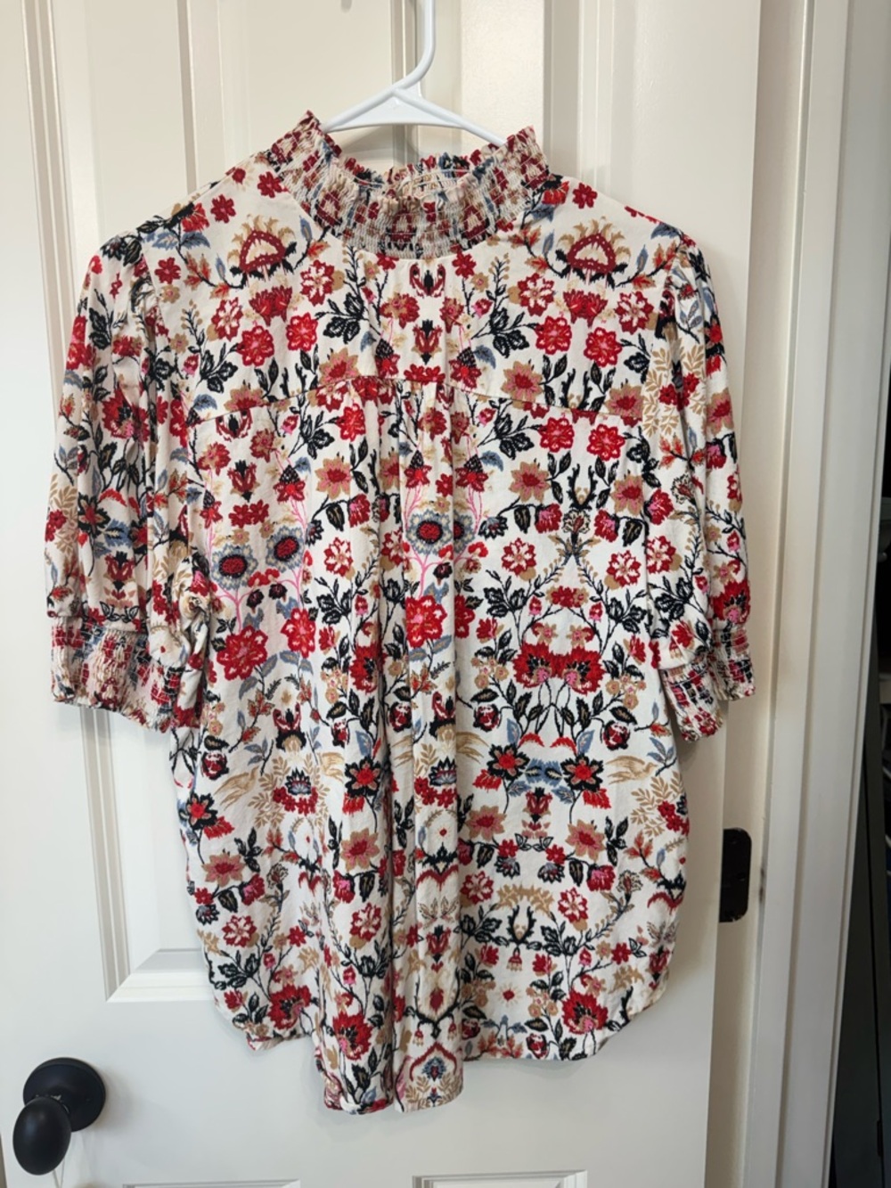 LOFT Floral Smocked Neck Blouse in Cream, Red, Navy and Tan
